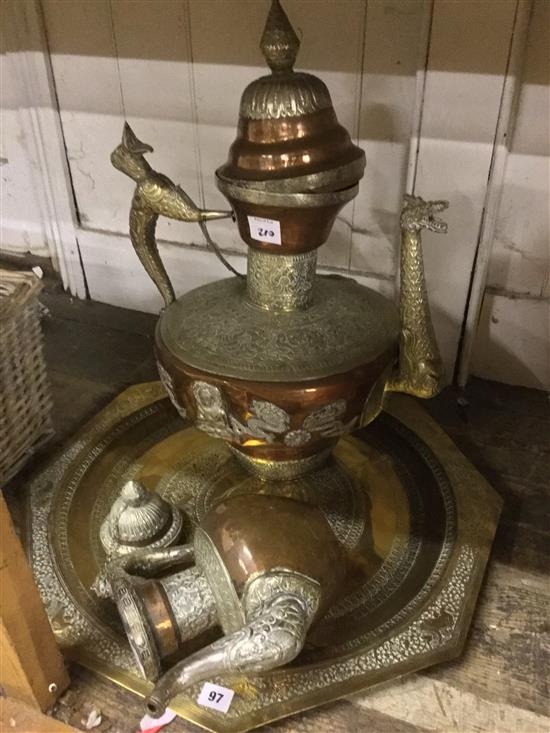 2 Indian coppered silver plated jugs and a brass Benares tray